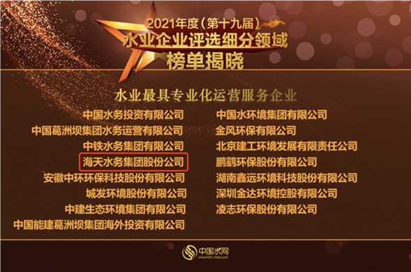 海天集团荣获2021年度“水业最具专业化运营服务企业”称号